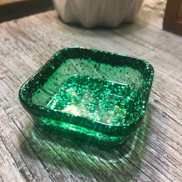 Green Glitter Jewelry Dish - Glam Square Shaped - Picture 3 of 11